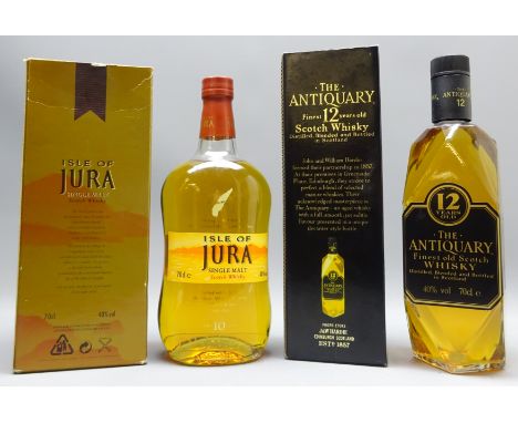 Jura Single Malt Scotch Whisky, Aged 10 Years, 70cl, 40%vol in gold carton, & The Antiquary Finest 12 Years old Scotch Whisky