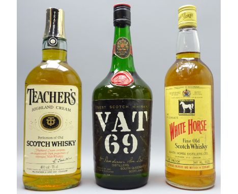 VAT 69 Finest Scotch Whisky 86.8 US Proof, no contents given, White Horse Fine Old Scotch Whisky, 262/3floz. 70 proof, & Teac
