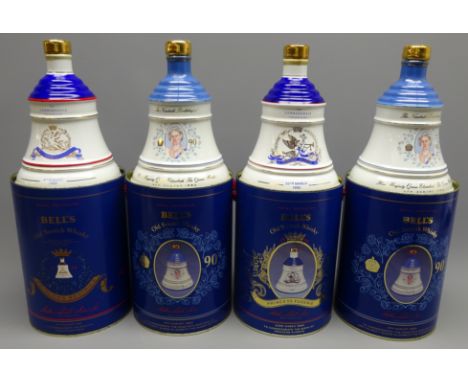 Bells Old Scotch Whisky in Wade Royal Commemorative decanters for Queen Mother 90th Birthday (2), Princess Eugenie & Beatrice