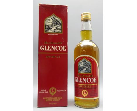 MacDonald's Glencoe Pure Highland Malt Scotch Whisky, 8 Years Old, 4/5 quart 262/3 floz. 100 proof, in carton, 1 bottle.  Con