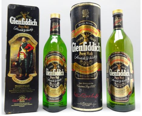 Glenfiddich Special Reserve Pure Malt Scotch Whisky 1ltr, in tube 86/46 and 70cl in Clan Sinclair tin, 40%vol. 2 bottles.  Co