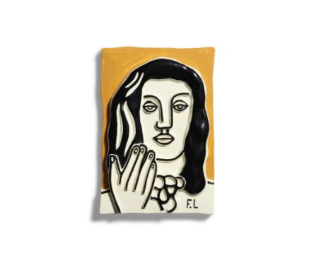 After Fernand Léger (1881-1955)Visage à une main fond ocre (cf. Saphire 111) Painted and glazed ceramic relief, circa 1950, t