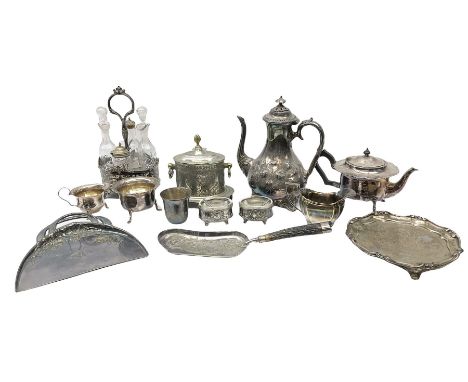 Metal ware and silver plate including cruet stand enclosing two glass bottles with stoppers, shaker and preserve pot with spo
