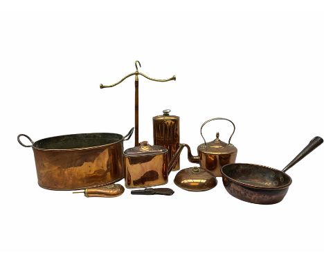 Victorian and later copper, including an embossed gunpower flask, copper warmer, two kettles etc.  