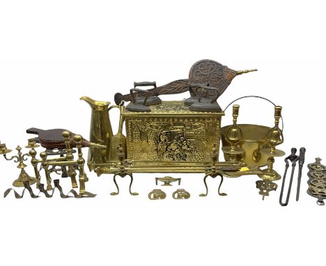 Quantity of fireside accessories to include embossed brass coal box, brass fire companion tools, pair firedogs with spherical