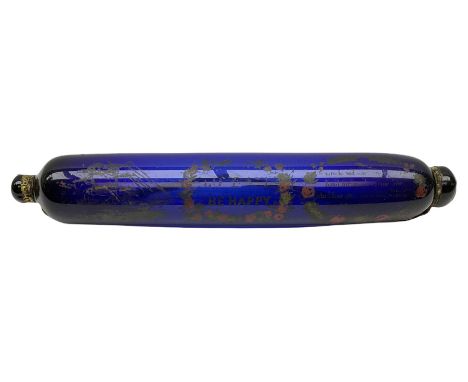 19th century Bristol blue glass rolling pin enamelled with The Great Australia Clipper-Ship, 'Love and be Happy' and verse wi