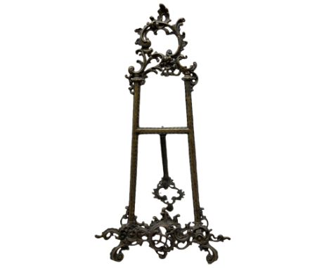 Rococo style brass table easel, cast with C and S scrolls, H55cm