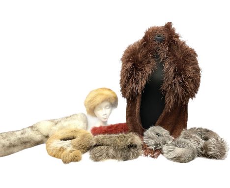 White Saga fox stole, together with Cresta Red fox fur hat, Red fox fur headband, a set of fur headband and match cuffs, Harr