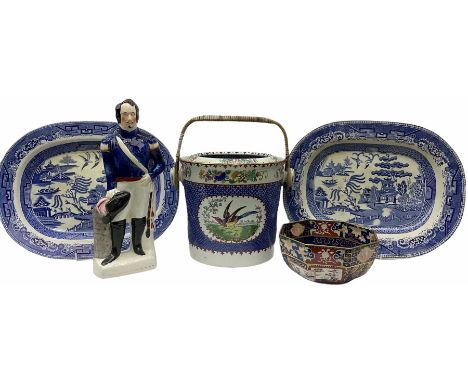 Group of 19th century pottery, comprising Copeland Spode slop bucket or pail with raffia wrapped handle, decorated with panel