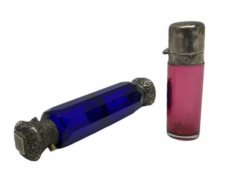 Late Victorian silver mounted ruby glass cylindrical scent bottle, with interior glass stopper, Birmingham 1900, makers mark 