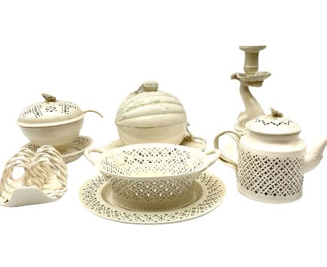 20th century Leeds creamware, comprising chestnut basket and stand, small tureen and cover, ladle, and associated stand, cand