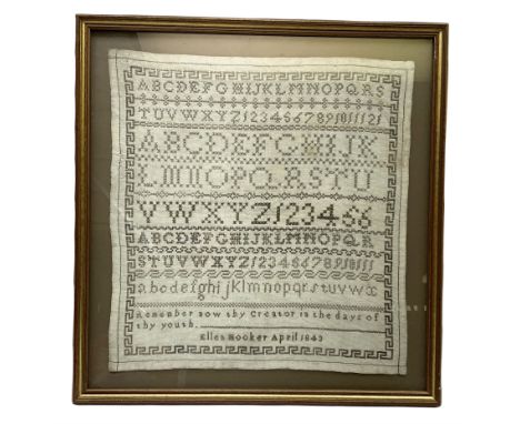 Early Victorian sampler, worked by Ellen Hooker, dated April 1843, depicting lines of alphabet above a short verse 'Remember 