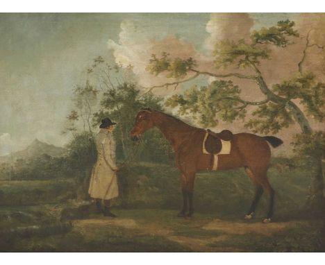 English School, 19th centuryA chestnut hunter held by a groom in a landscapeoil on canvas62.5 x 70.5cmOverall: 72.5 x 85.5cmT