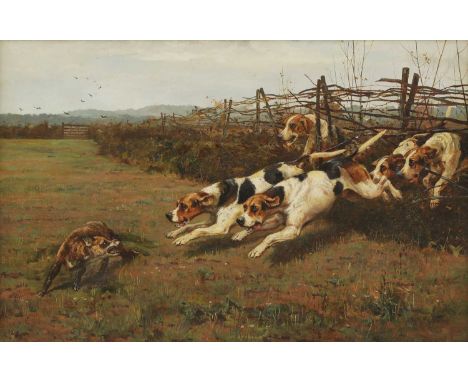 Arthur Charles Dodd (fl.1878-1891)Fox hounds chasing down a foxsigned 'A C Dodd' l.r., oil on canvas50.5 x 76cmFramed size: 6