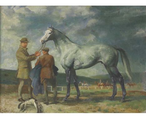 *Lionel Ellis (1903-1988)A dapple grey racehorse with trainer and owner, a paddock beyondsigned with initials l.r., oil on ca