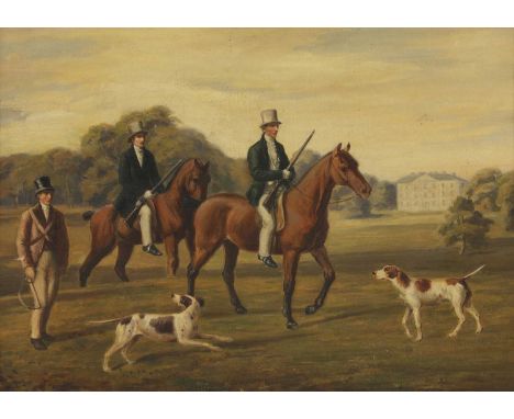 English School, 19th centuryMounted sportsmen with guns over pointers, a country house beyondoil on canvas46 x 61cmFramed siz