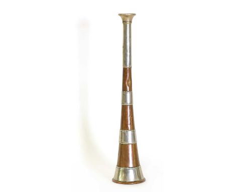 A nickel-banded copper hunting horn,by Kohler & Son, retailed by Swaine Adeney,22.5cm longSmall dent between top mount and fi