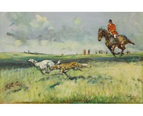 *Michael Lyne (1912-1989)Coursing with Salukissigned 'Michael Lyne' l.r., inscribed as titled verso, oil on canvas50 x 76cm*A