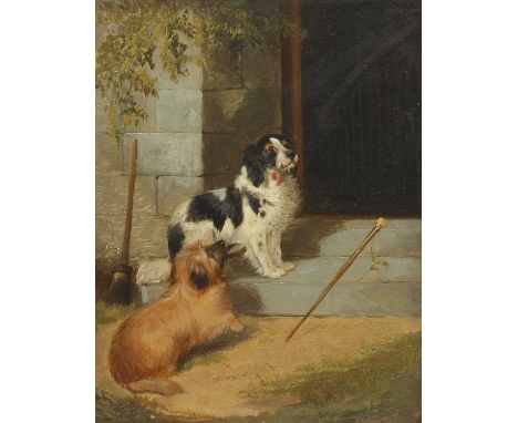 English School, 19th century'Waiting for Master'oil on panel23 x 18cmPanel is sound. A fine craquelure in parts, under uv lig