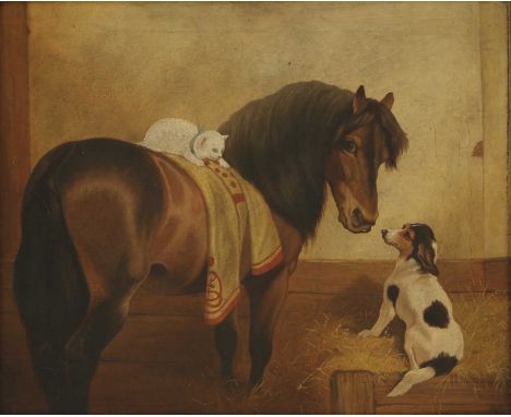 English School, 19th centuryPony, cat and terrier in a stablesigned with a monogram l.l., oil on canvas41 x 49cmoverall: 58 x