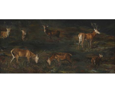 *Leesa Sandys-Lumsdaine (b.1936)Deer in heathersigned and dated 'L. SANDYS-LUMSDAINE '71' l.l., oil on canvas40 x 81cmProvena