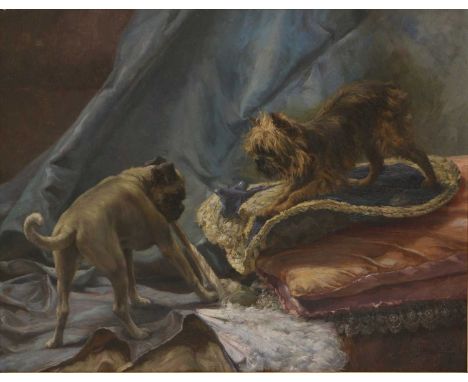 Charles Boland (Belgian, c.1850) A pug and a Griffon Bruxellois playing on the cushionssigned 'Charles Boland' l.r., oil on c