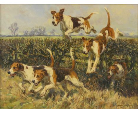 *Frederick J Haycock (b.1948)Hounds clearing a fencesigned 'Frederick J. Haycock' l.r., oil on canvas36 x 45.5cm*Artist's Res