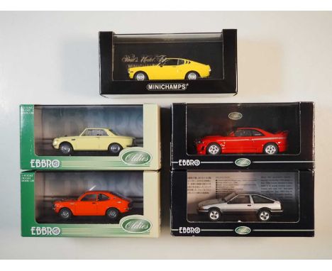 A group of 1:43 scale models by EBBRO, MINICHAMPS, comprising Nissan and Toyota automobiles, to include a MINICHAMPS 1975 Toy