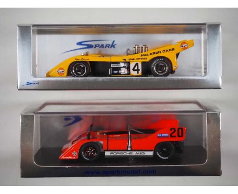 A pair of 1:43 scale hand built resin models of Can-Am racing cars by SPARK (MINIMAX), comprising of a Porsche/Audi 917/10 ST