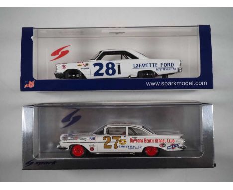 A pair of 1:43 scale hand built resin models of NASCAR racing cars by SPARK (MINIMAX), comprising of a Chevrolet Biscayne, No