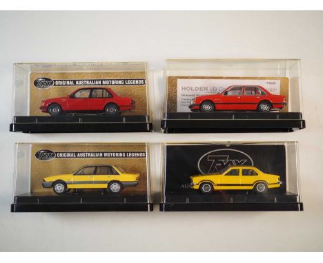 A group of 1:43 scale models of Australian cars by TRAX, comprising of a  Holden VB Commodore, Holden VL Commodore Berlina, H