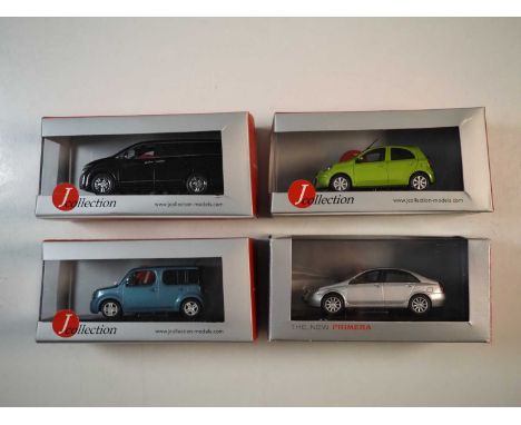 A group of 1:43 scale models by J COLLECTION, comprising of a Nissan Primera, Nissan Cube, Nissan Micra and Nissan Elgrand, V