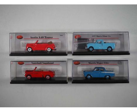 A group of 1:43 scale models of Australian cars by TRAX, comprising of an Austin A40 Tourer, Morris Minor Ute, Morris Major E