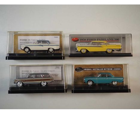 A group of 1:43 scale models of Australian cars by TRAX, comprising of a Ford XM Futura hardtop, Ford XK Falcon sedan, Ford X