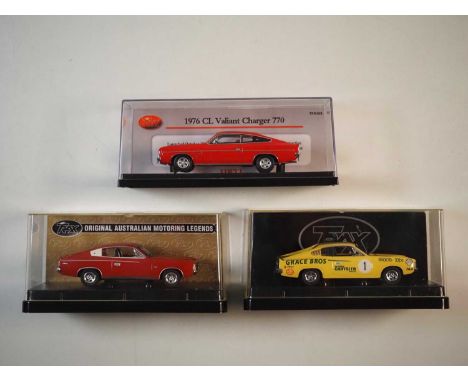 A group of 1:43 scale models of Australian cars by TRAX, comprising of a Valiant VH Charger, Australian touring car champions