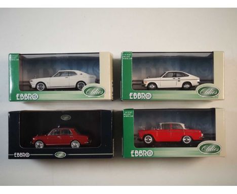 A group of 1:43 scale models by EBBRO, comprising of a Nissan Cedric, Nissan Bluebird 410, Nissan Laurel SGX and Nissan Sunny