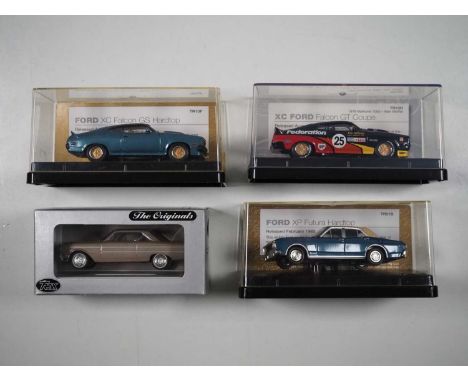 A group of 1:43 scale models of Australian cars by TRAX, comprising of a Ford XC Falcon GS hardtop, Ford Falcon GT coupe, For