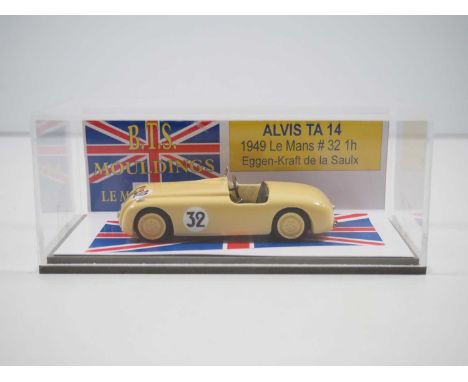 A 1:43 scale B.T.S. MOULDINGS hand built resin model of a 1949 Le Mans No 32 Alvis TA 14, VG/E in G/VG perspex case.