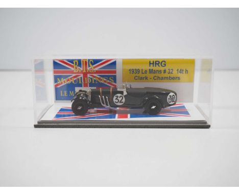 A 1:43 scale B.T.S. MOULDINGS hand built resin model of a 1939 Le Mans No 32 H.R.G, VG/E in G/VG perspex case.