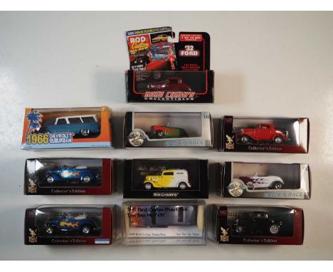 A group of boxed and 1 unboxed 1:43 scale models of hot rods to include GREENLIGHT, EAGLE RACE and MINICHAMPS G/VG in F/VG bo