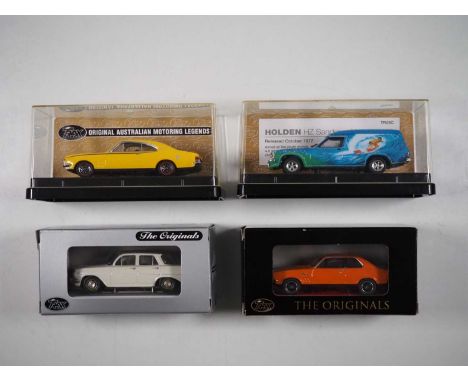 A group of 1:43 scale models of Australian cars by TRAX, comprising of a Holden HZ Sandman, Holden HG Monaro GTS, Holden LC T