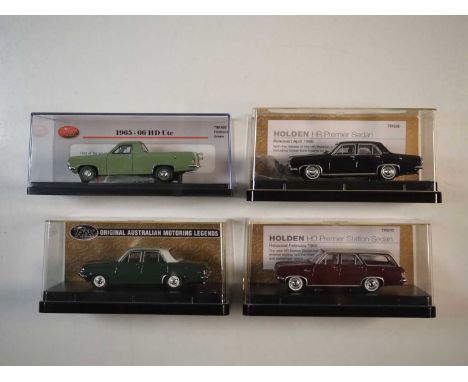 A group of 1:43 scale models of Australian cars by TRAX, comprising of a Holden HD Ute, Holden HD Special sedan, Holden HR Pr