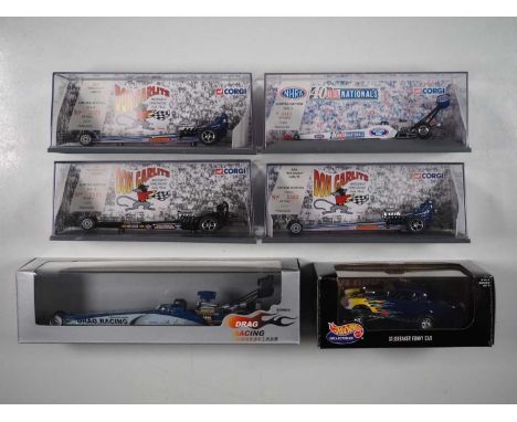 A group of boxed and unboxed 1:43 scale models to include CORGI and HOTWHEELS, comprising of assorted dragsters, VG/E in G/VG