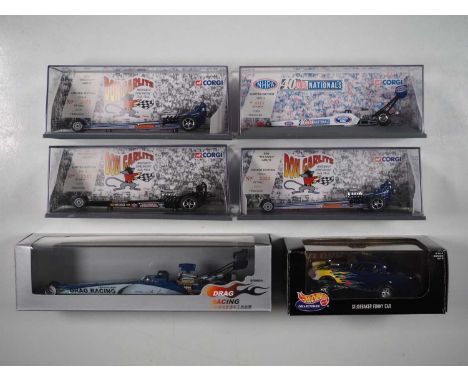 A group of boxed and unboxed 1:43 scale models to include CORGI and HOTWHEELS, comprising of assorted dragsters, VG/E in G/VG