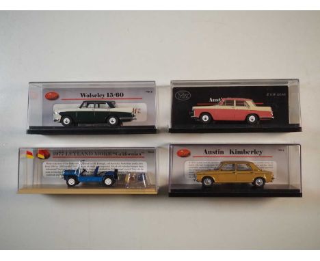 A group of 1:43 scale models of Australian cars by TRAX, comprising of an Austin Kimberley, Wolseley 15/60, Leyland Moke and 