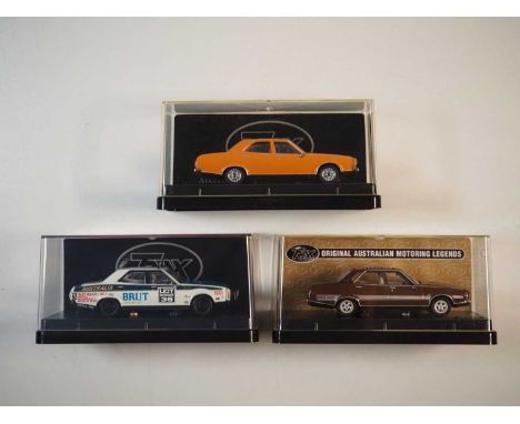 A group of 1:43 scale models of Australian cars by TRAX, comprising of x3 Leyland P76, in VG/E in G/VG perspex cases (3)