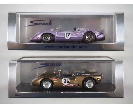 A pair of 1:43 scale hand built resin models of Can-Am racing cars by SPARK (MINIMAX), comprising of a Lola T70 No 34 Laguna 