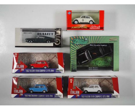 A group of 1:43 scale models by GREENLIGHT, MINICHAMPS and SCHUCO, comprising cars from the Italian Job (1969) The Love Bug, 