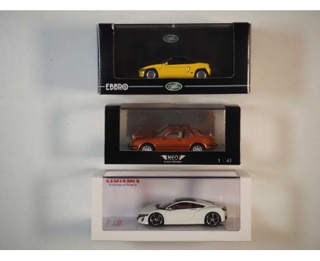 A group of 1:43 scale models by NEO, EBBRO and TSM, comprising of a NEO Honda Prelude Mk 1 (1981) EBBRO Honda Beat (1991) and