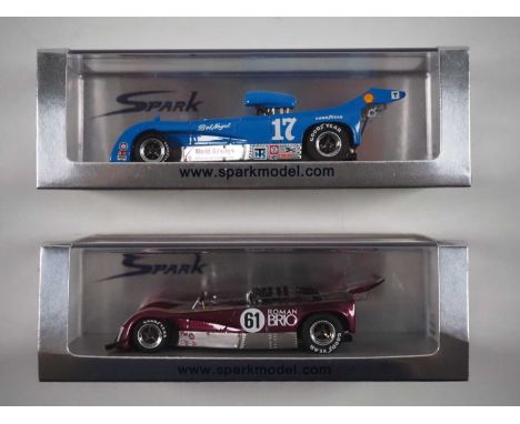 A pair of 1:43 scale hand built resin models of Can-Am racing cars by SPARK (MINIMAX), comprising of a Lola T260 No 61 Watkin